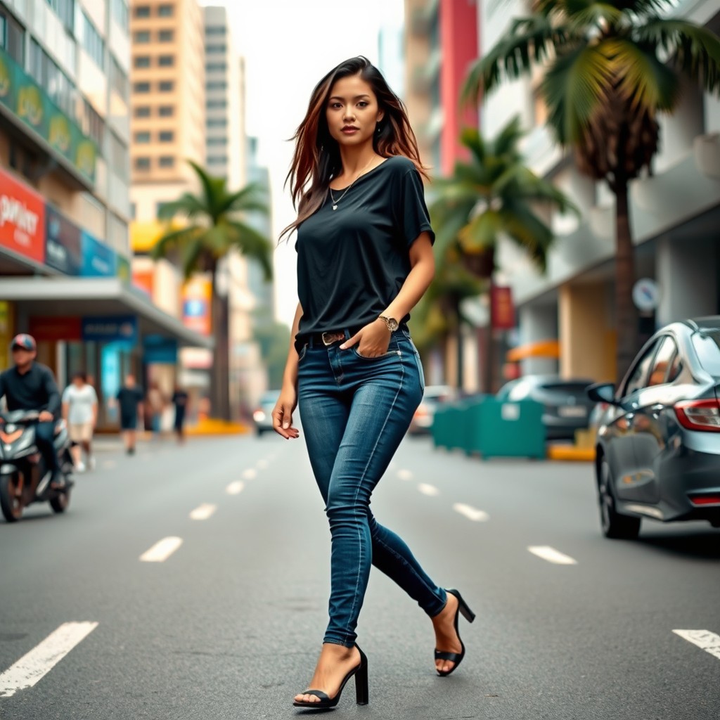 A beautiful tall and slim Jakarta woman, exuding confidence and grace, walking down a vibrant city street