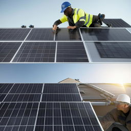 A professional solar panel installer at work, carefully mounting eco-friendly solar panels onto a sunlit rooftop.