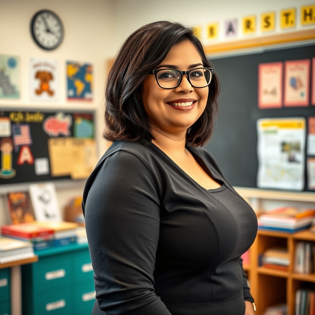 A pleasantly plump 35-year-old female teacher, with an attractive figure and a confident demeanor, standing in a classroom filled with educational posters and books
