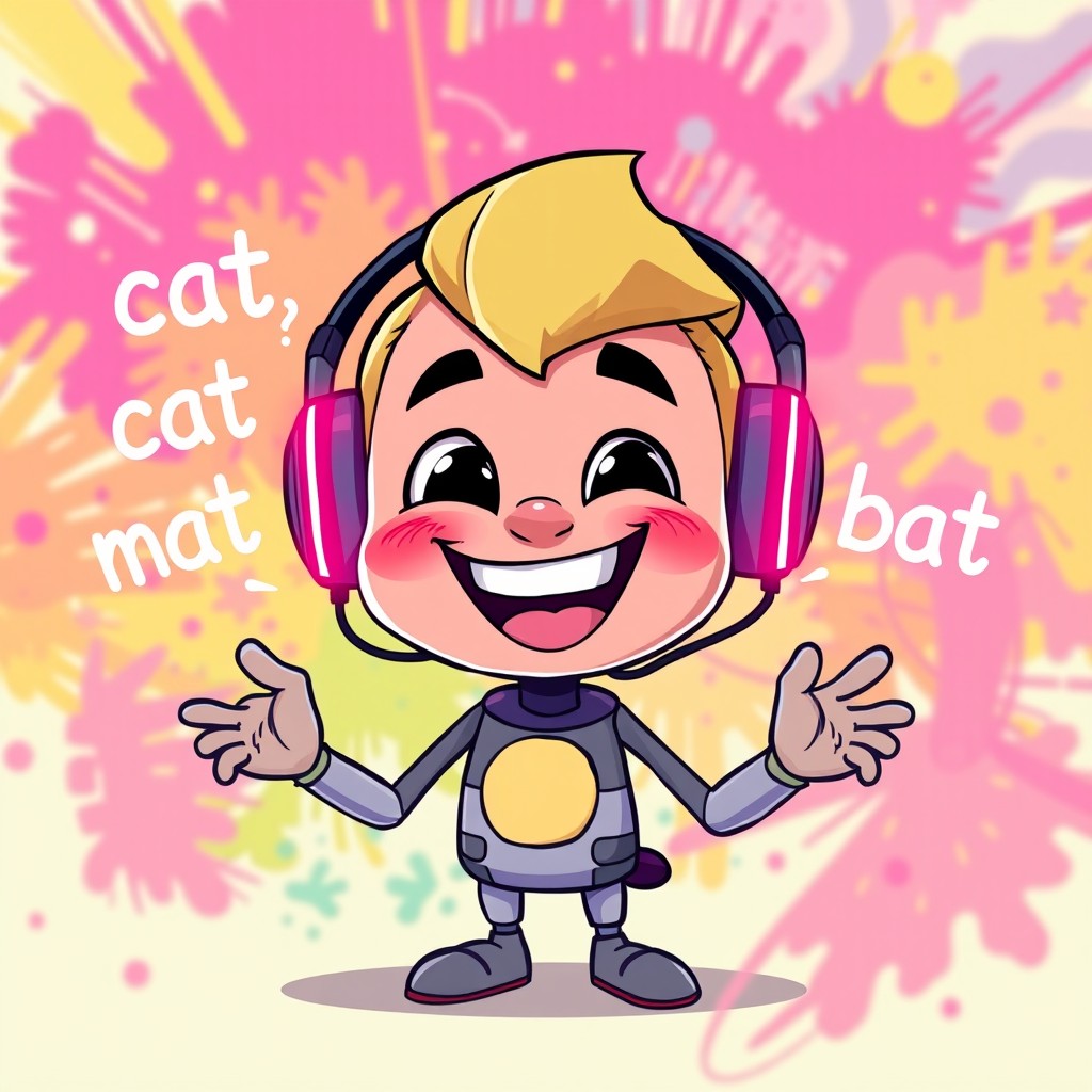 A cartoonish character wearing a futuristic headset, cheerfully echoing the words "cat, mat, bat"