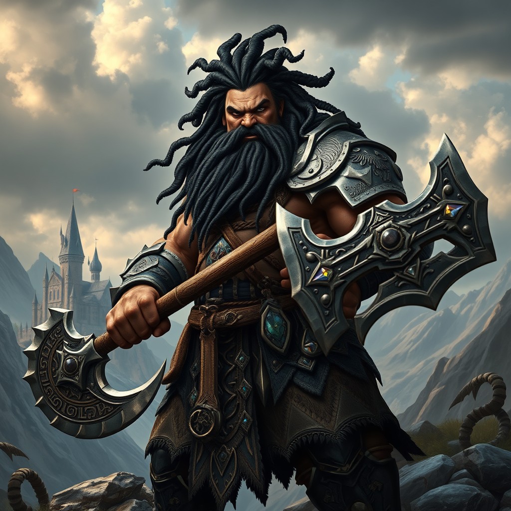 A powerful black dwarf character with intricate dreadlocks, wielding a heavily ornamented axe