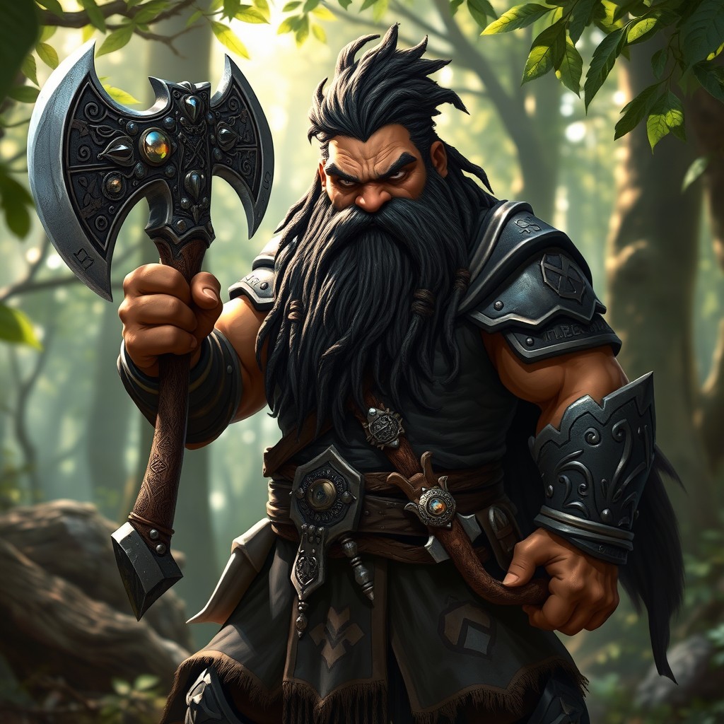 A black dwarf warrior with long, styled dreadlocks wielding an intricately designed axe, featuring ornate carvings and gemstones embedded in the handle