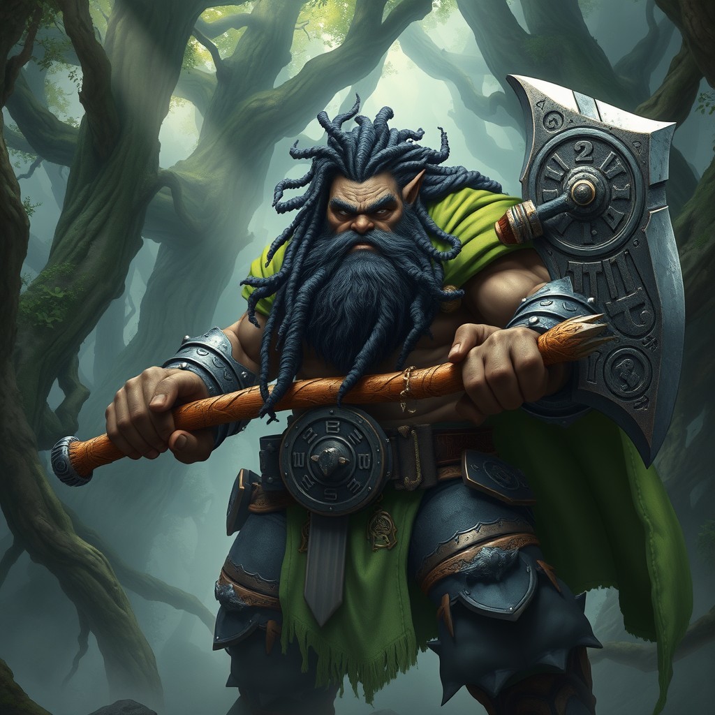 A powerful and imposing black dwarf with intricate dreadlocks, wielding a massive axe with ornate carvings