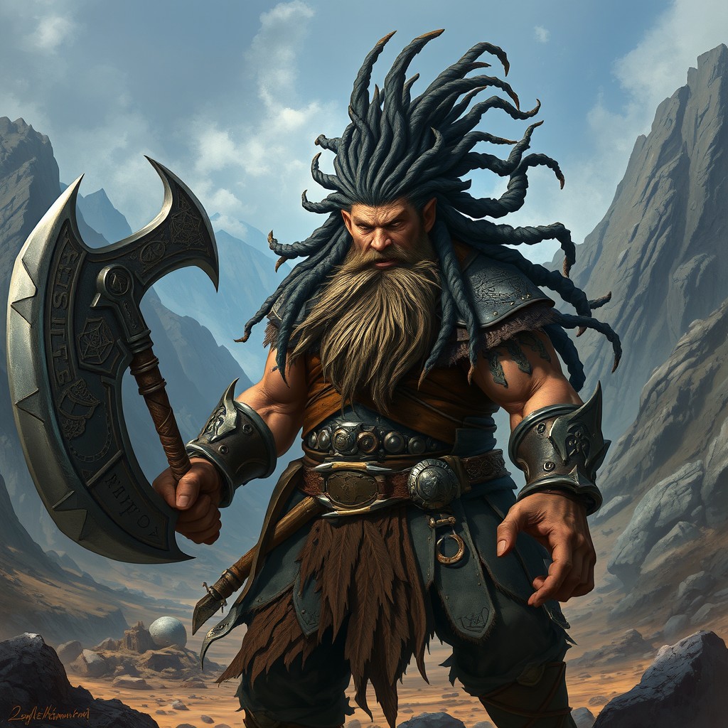 A fierce black dwarf warrior with long, elaborate dreadlocks, wielding a massive battle axe