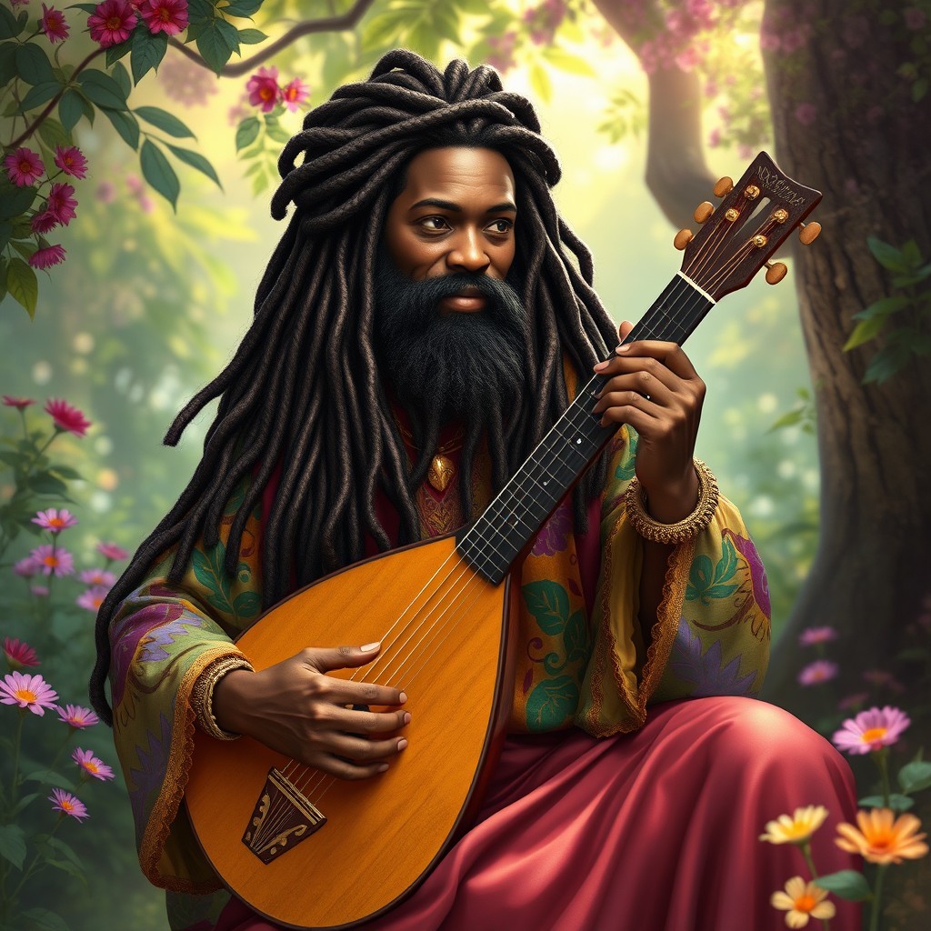 A black bard with a long, twisted beard styled into intricate dreadlocks, playing a lute