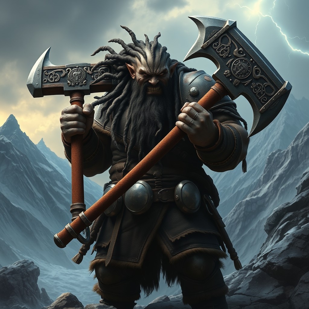 A fierce black dwarf warrior with intricately braided dreadlocks, wielding a massive double-headed axe