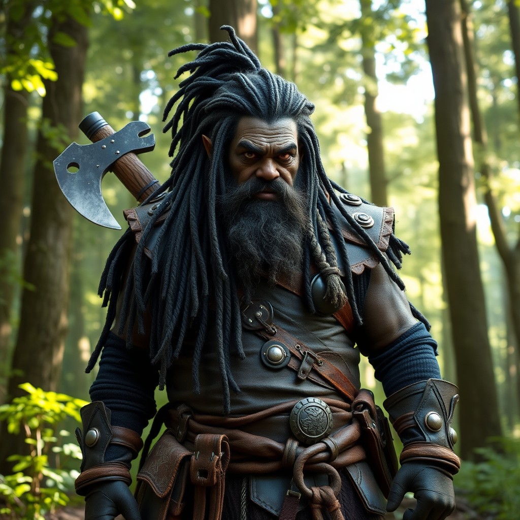 A fierce black dwarf with intricately braided dreadlocks, dressed as a skilled ranger