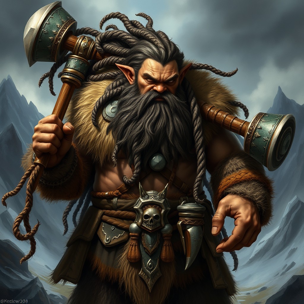 A powerful black dwarf with long, intricately braided dreadlocks, clad in furs and wielding a heavy mace