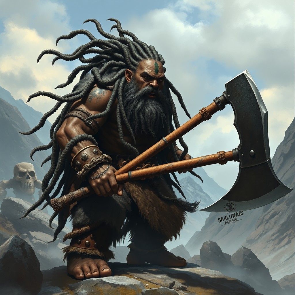 A formidable black dwarf with long, intricately braided dreadlocks, embodying the raw power of a barbarian
