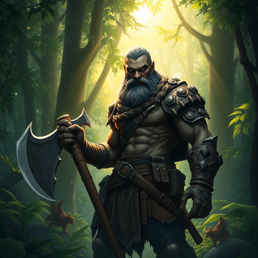A black half-orc ranger standing confidently in a lush, green forest