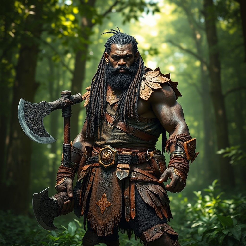 A powerful black half-orc ranger standing confidently in a lush green forest