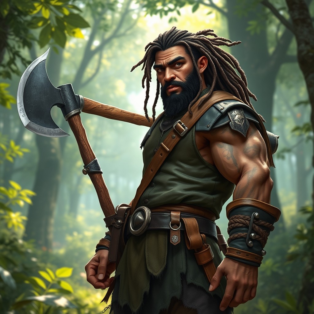 A medium-sized half-orc ranger with striking features standing valiantly in a vibrant forest
