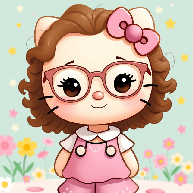 A personalized version of Hello Kitty featuring a girl with square transparent glasses, curly brown hair that falls 2 cm below her shoulders, and a short stature