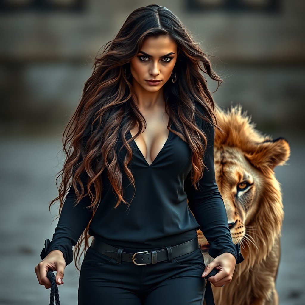 A stunningly beautiful woman with long hair, exuding power and confidence