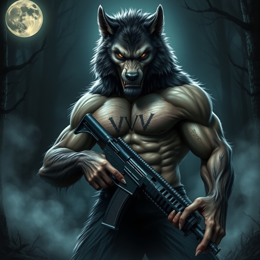 A realistic muscular werewolf, standing powerfully with fur that glistens under the moonlight, holding an AK-47 confidently