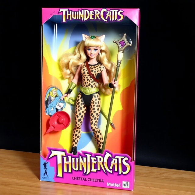 An image of a Cheetara Barbie doll from Thundercats displayed inside her original Mattel packaging
