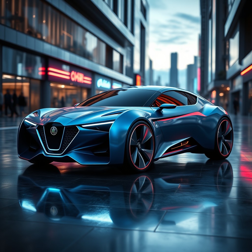 A futuristic concept car, the Lancia Hiper Cae 2028, featuring a sleek, aerodynamic design with sharp lines and an innovative, glowing grille