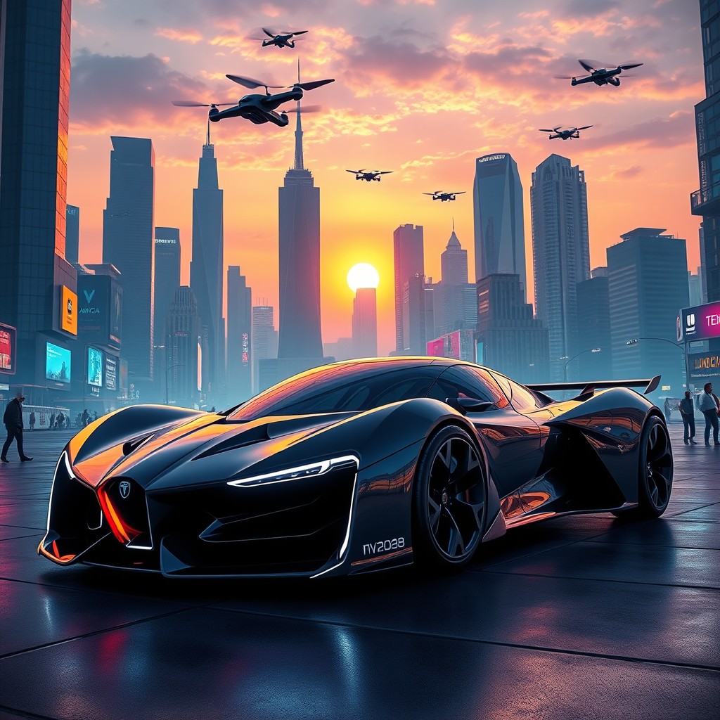 A futuristic scene showcasing a sleek, aerodynamic Lancia hypercar set in the year 2028