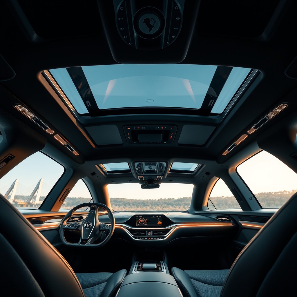 A futuristic interior of a 2028 Lancia vehicle, showcasing ultra-modern design elements, sleek lines, and advanced technology features