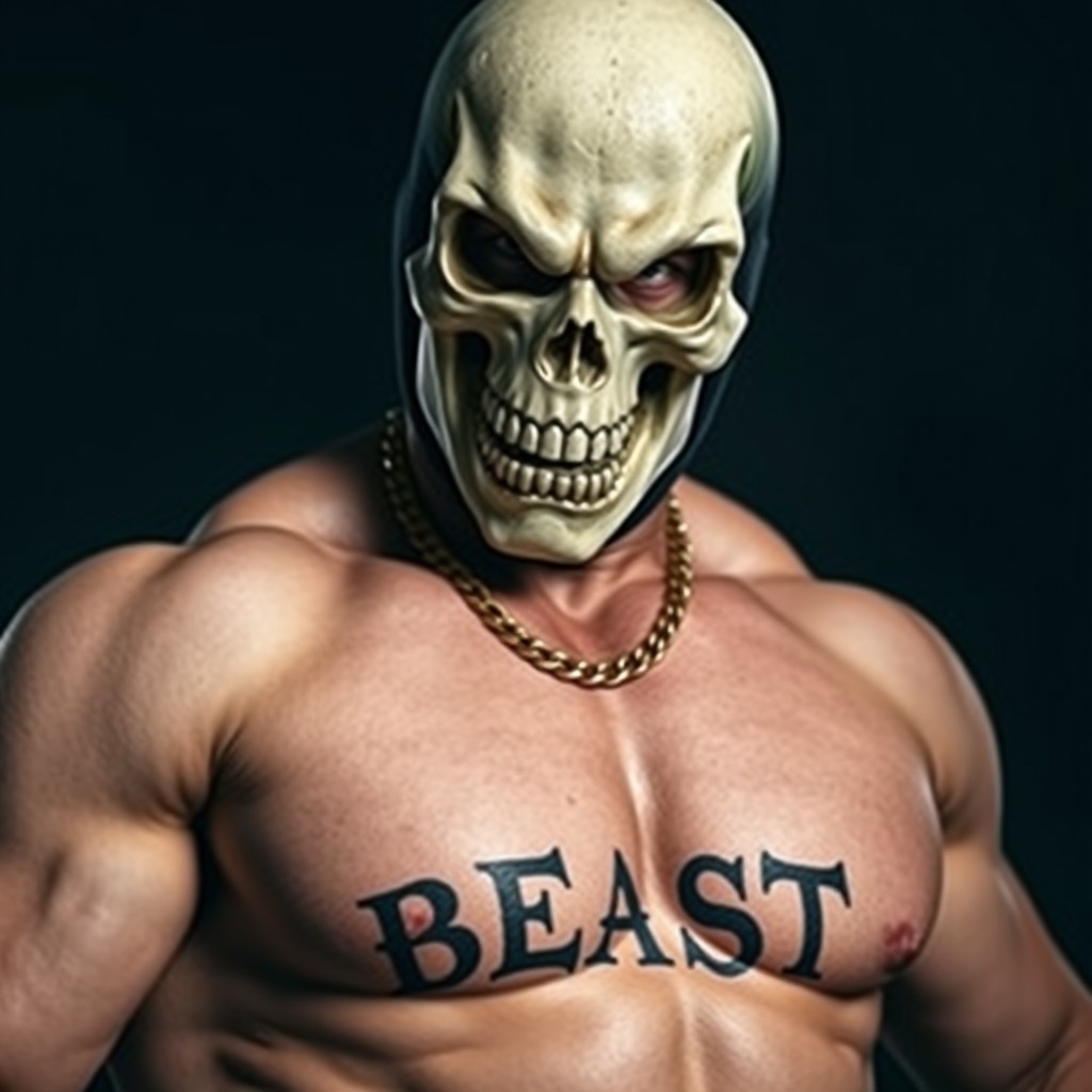 An angry, bare-chested and well-built white man wearing a skull mask