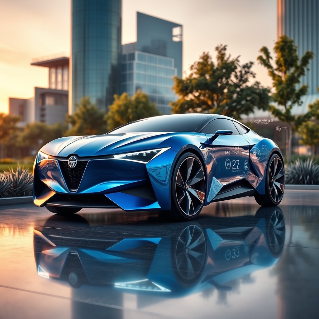 A futuristic concept car designed for the Lancia brand in 2028, embodying sleek lines and an aerodynamic shape