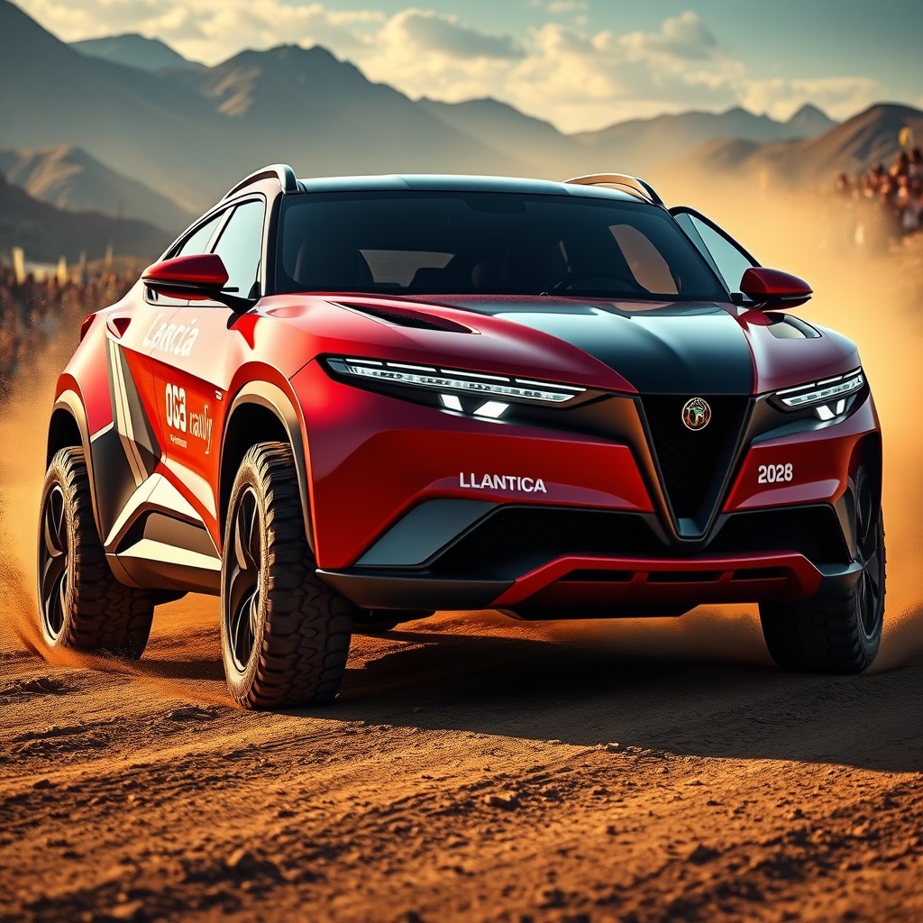 A futuristic Lancia crossover vehicle designed for rally events in the year 2028