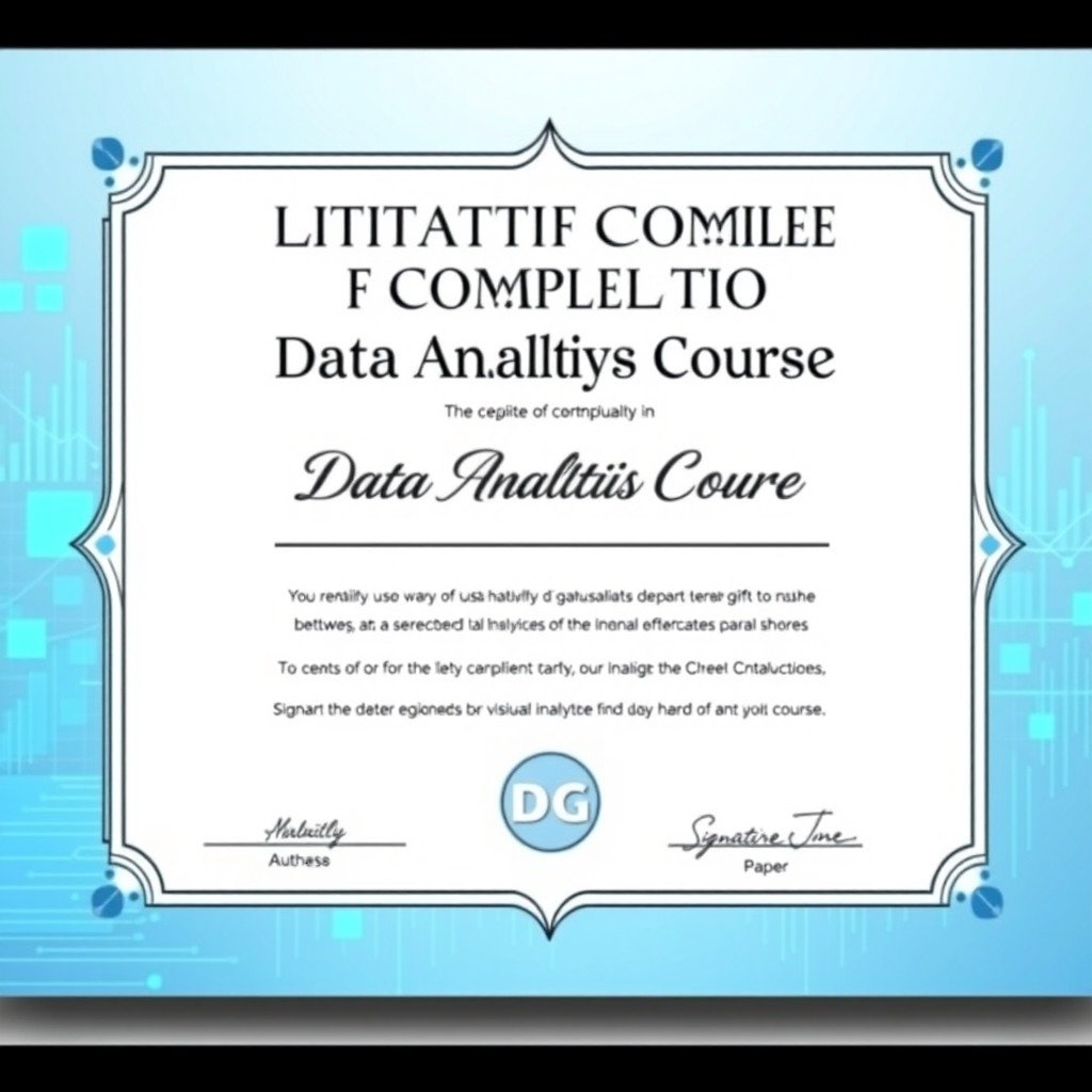 A certificate of completion for a Data Analytics course, featuring a modern and professional design