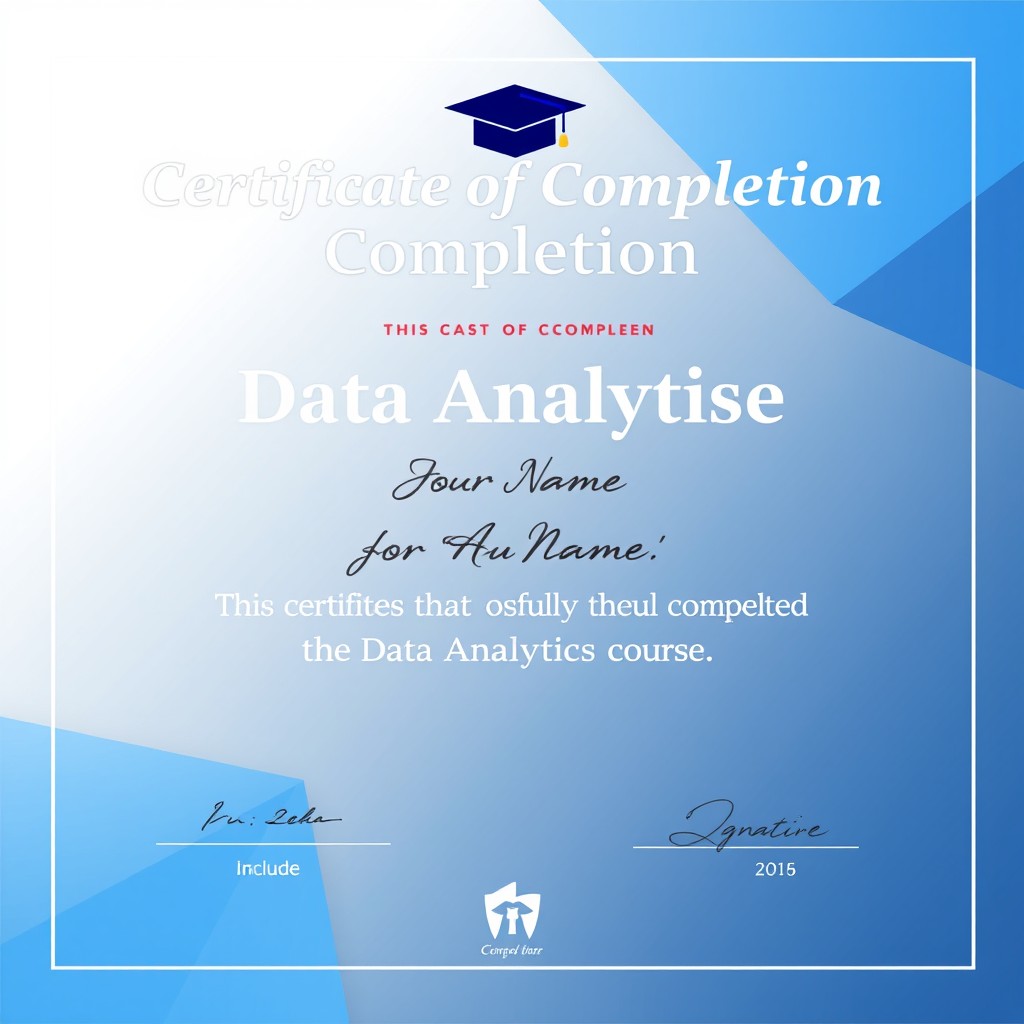 A certificate of completion for a Data Analytics course, featuring a modern and professional design