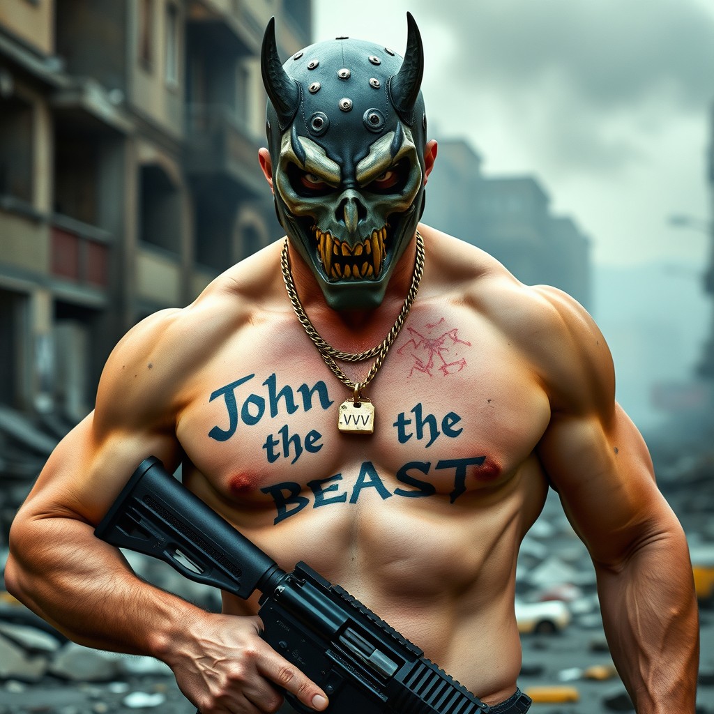 An angry, bare-chested and well-built white man wearing a menacing demon mask