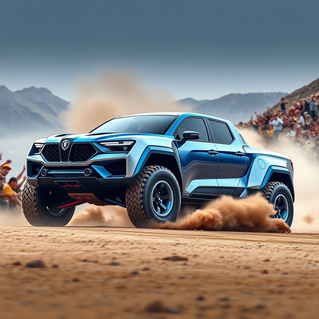 A futuristic Lancia pickup truck designed for rallying in the year 2028, showcasing sleek lines and an aerodynamic profile