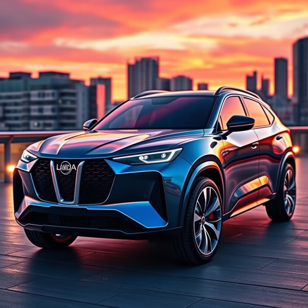 A Lancia SUV model from the year 2024, showcasing a futuristic design with sleek lines, an aerodynamic silhouette, and bold detailing