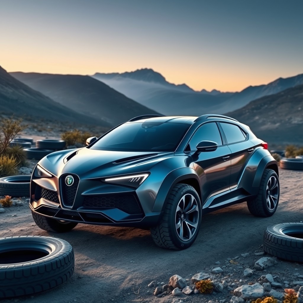A futuristic Lancia crossover vehicle designed for rally racing in 2028