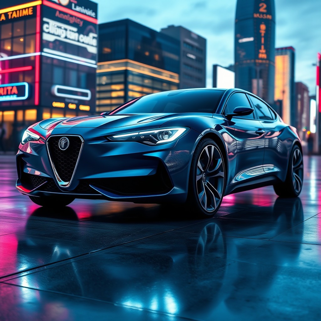 A futuristic Lancia sedan from the year 2028, showcasing sleek lines and advanced design features