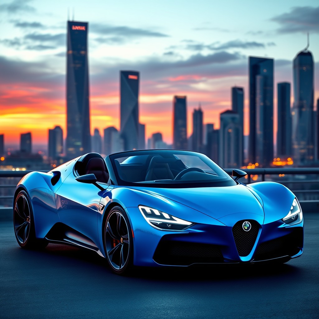 A futuristic Lancia roadster car designed for the year 2028, featuring sleek aerodynamic lines and a vibrant electric blue color