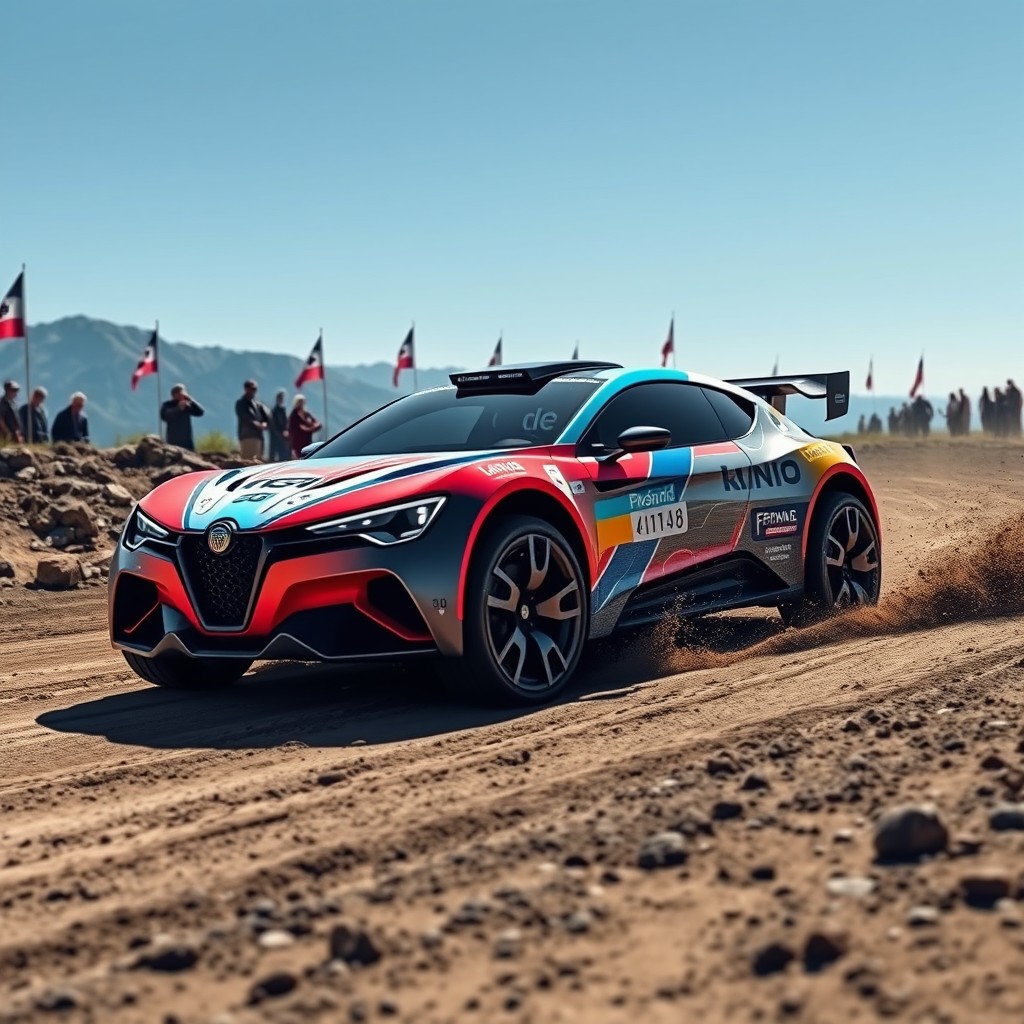 A futuristic Lancia rally car designed for the year 2028, featuring a sleek aerodynamic body, vibrant racing colors, advanced technology and enhancements that reflect cutting-edge automotive design