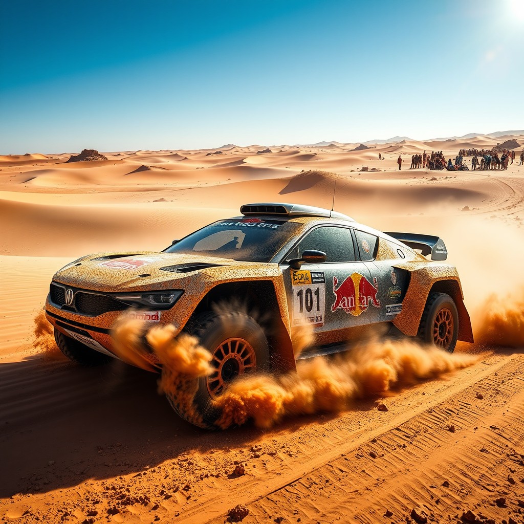 A dynamic scene depicting a Lancia rally car racing through the grueling terrain of the Dakar Rally in 2028