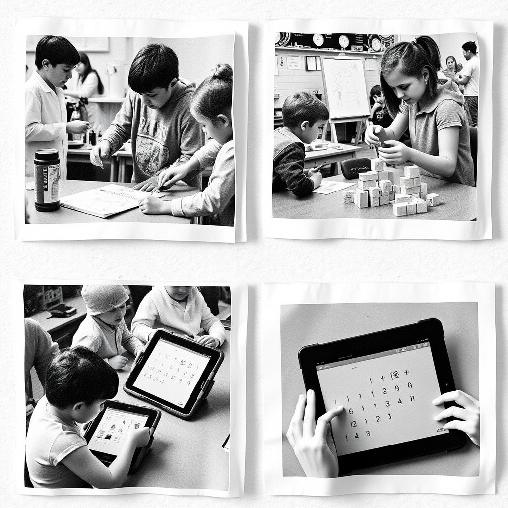 A series of small black and white photographs depicting various activities from different fields of practice