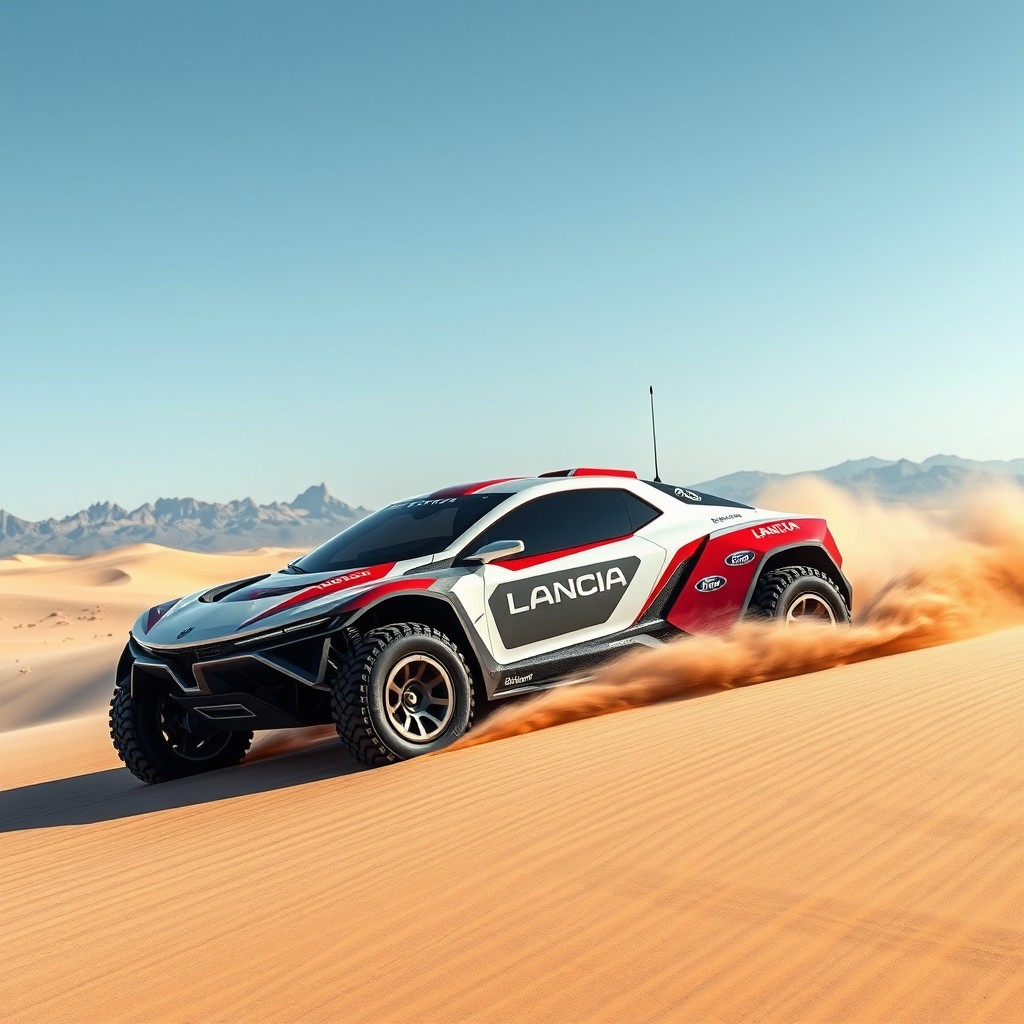 A futuristic Lancia rally raid car designed for 2028, showcasing advanced aerodynamics and cutting-edge technology