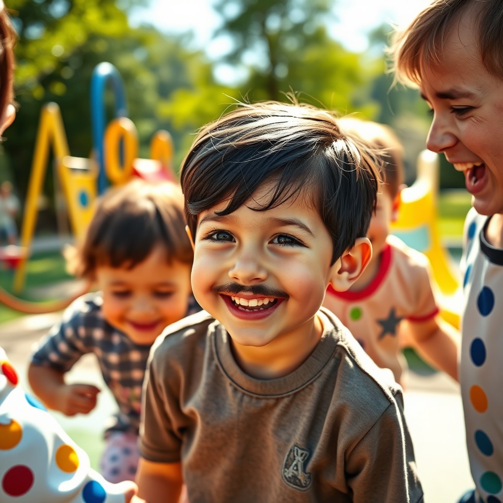A small German boy with dark hair styled with a side fringe and a little square mustache under his nose, joyfully playing with Jewish friends