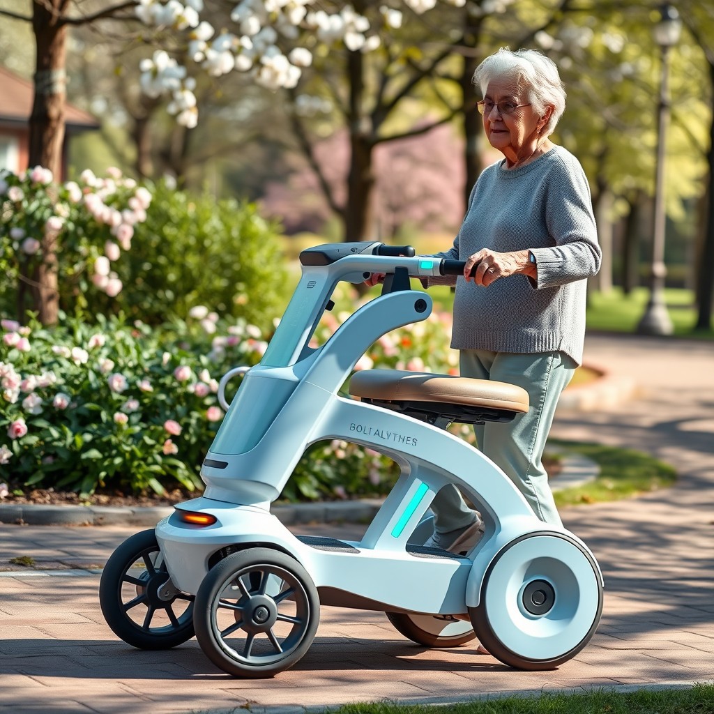A futuristic mobility aid designed for elderly people with reduced mobility, featuring an ergonomic and sleek design