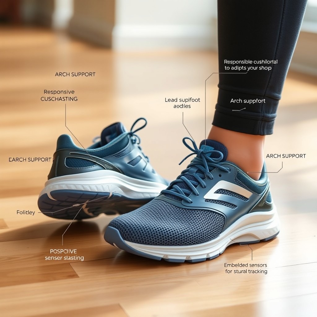 A highly modern pair of supportive walking shoes equipped with advanced technology for comfort and performance