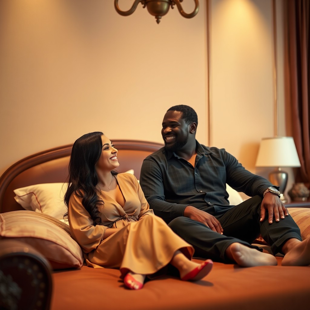 A beautiful small Arab woman with long dark hair and striking features sits on a luxurious bed, smiling warmly at a tall, big black African man beside her