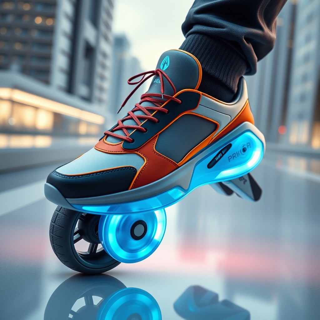 A futuristic concept of stylish shoes integrated with wheels, emphasizing sleek design and advanced technology