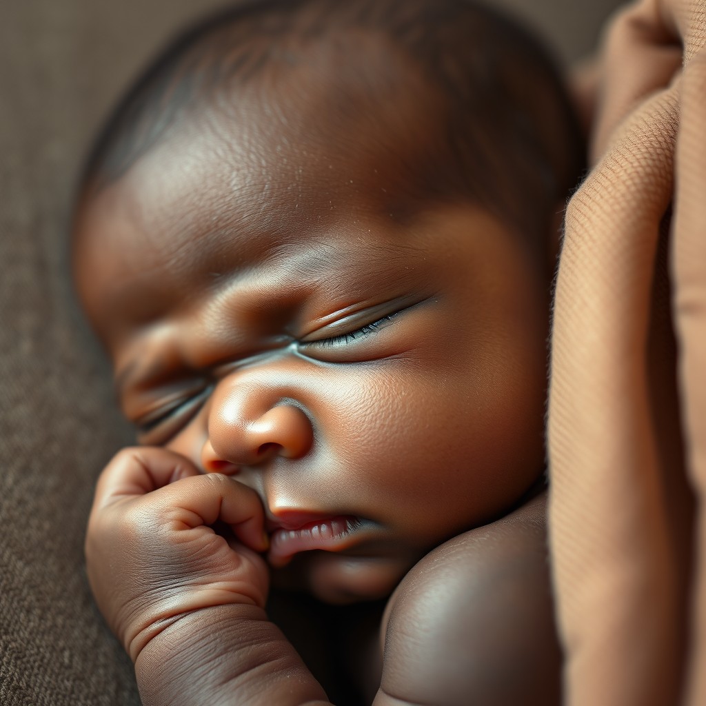 A realistic portrait of a 3-week-old African baby peacefully asleep, with a thumb in their mouth