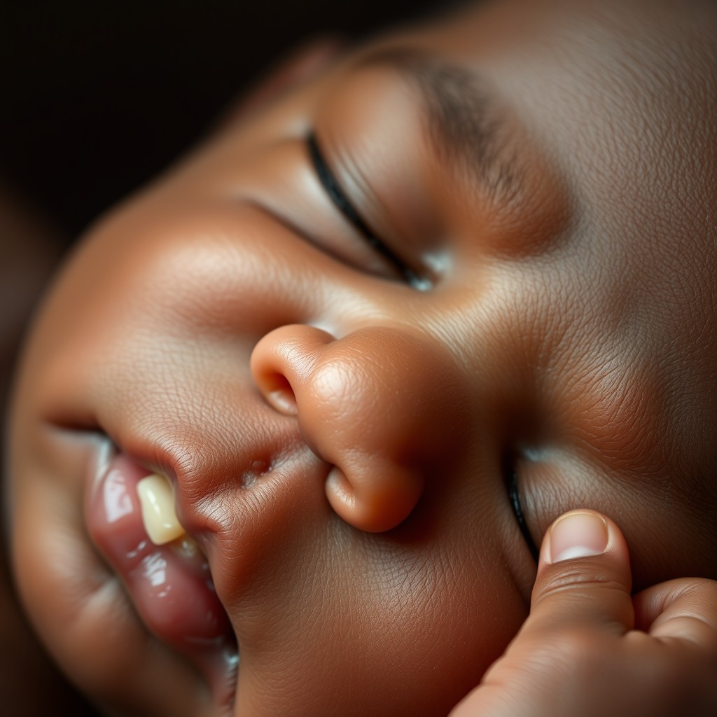 A realistic close-up image of a 3-week-old African baby peacefully asleep, with a thumb in their mouth