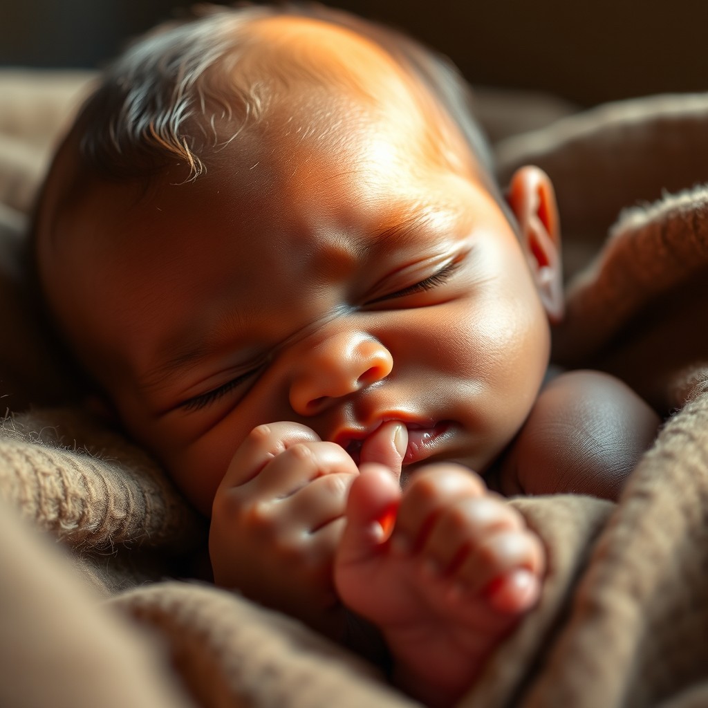 A realistic image of a sleeping 3-week-old African baby with their thumb in their mouth, captured from a distant angle that allows visibility of the baby's feet