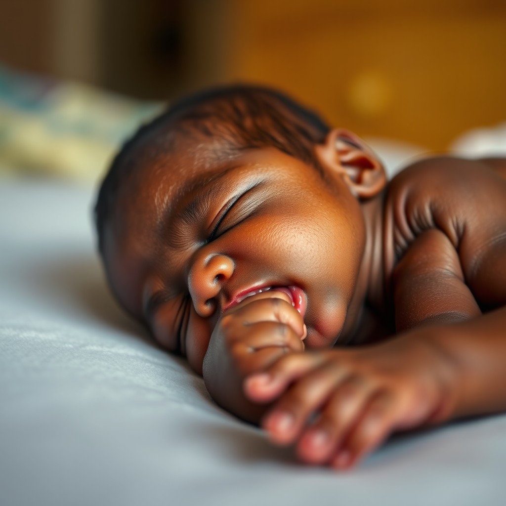 A realistic image of a one-week-old African baby sleeping peacefully with their thumb in their mouth