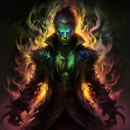 An evil genius, his aura seething with an immeasurable, eternal burning rage, igniting the air around him. The innovative color scheme of haunting greens, chilling blues, and ominous purples gently flares up to match his intensity, amplifying his malevolence.