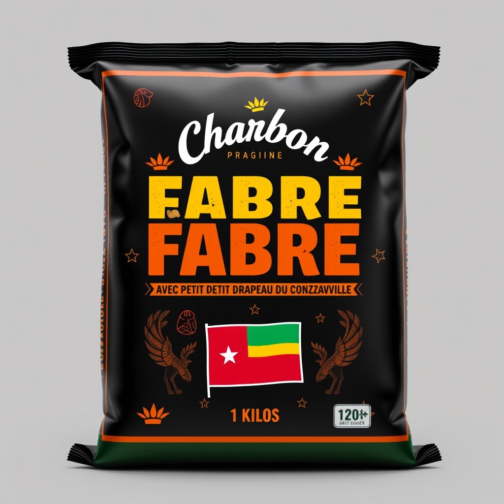 A realistic and detailed packaging design for a charcoal product named 'Charbon FABRE AVEC PETIT DRAPEAU DU CONGO BRAZZAVILLE'