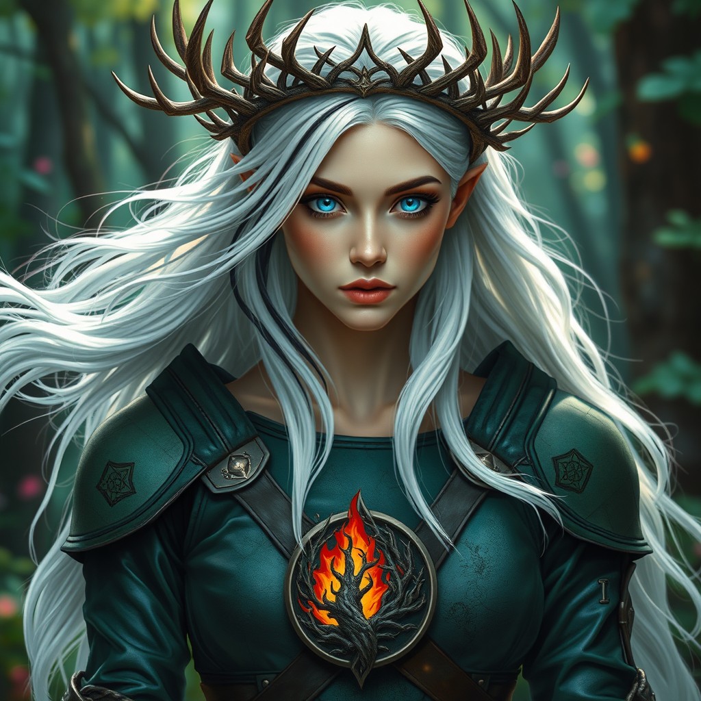 A striking woman with flowing white hair featuring a singular black streak, her mesmerizing azure blue eyes glowing with black flickers